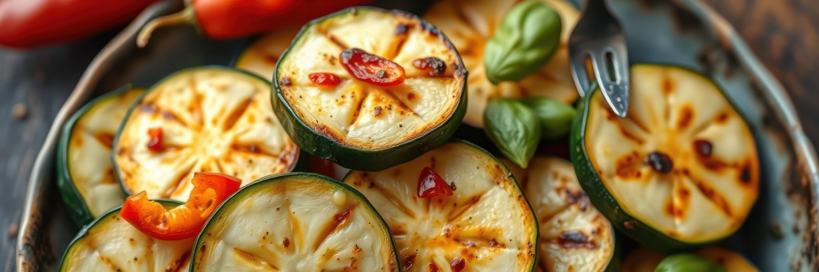 Grilled zucchini and lemon with red chili garnishes on a rustic plate